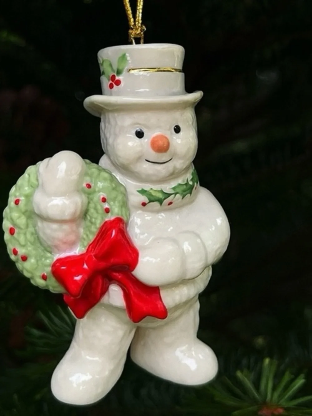 Lenox Holiday Snowman Holding Wreath Fine China Christmas 3” Inch Ornament NIB